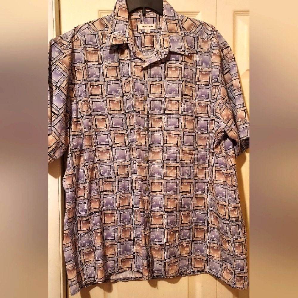 Pierre Cardin Shirt XL Sleeve Geometric Hawaiian Casual Cotton Cruise Vintage